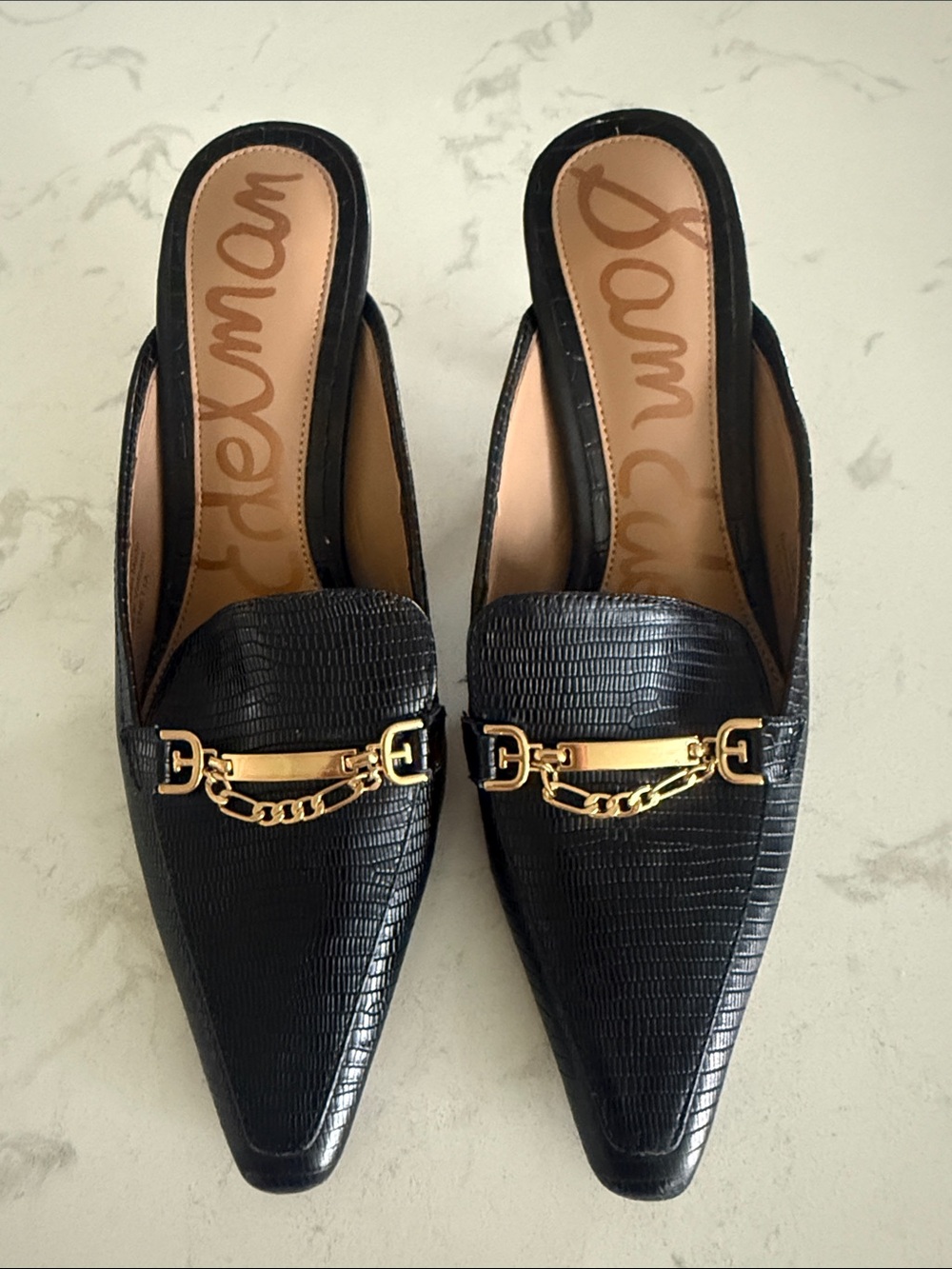 Sam Edelman Black Textured Leather Mules w/ Gold Chain Accents - Size 7 1/2